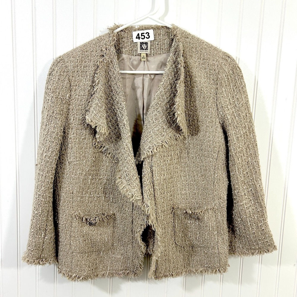 Anne Klein Fringe Cropped Blazer Women's 10 Beige Tweed Old Money